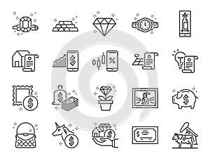 Asset line icon set. Included icons as gold, land, diamond, cash, money,Â valuables, investment and more.